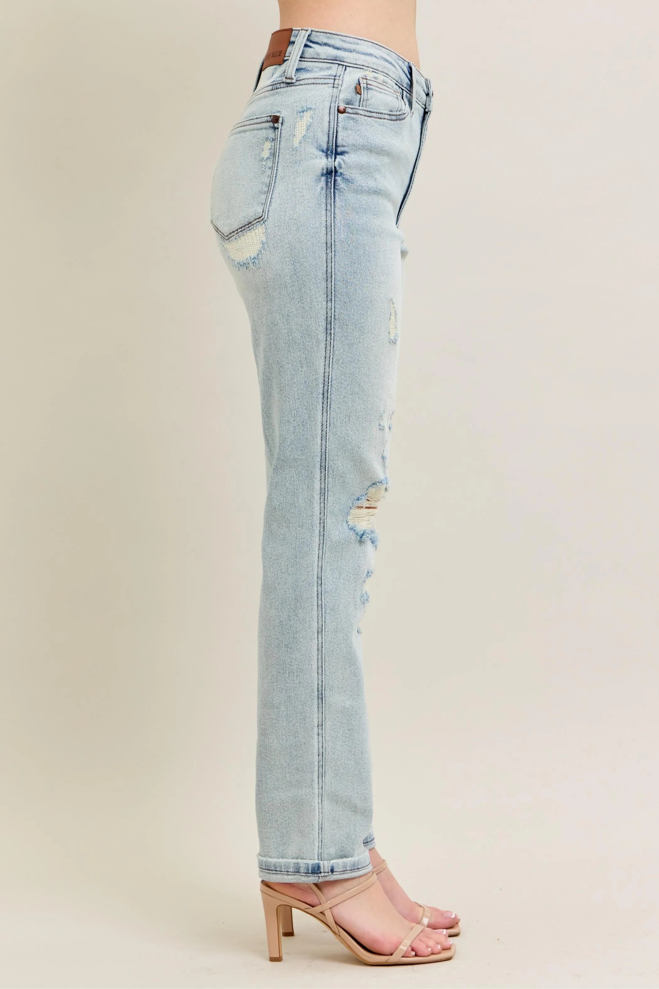 Judy Blue Midrise Repair Stitch Detail Destroy Single Cuff Boyfriend Jeans