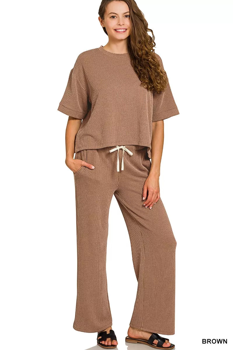 Zenana Brown Raised Rib Short Sleeve Tee & Pants Set