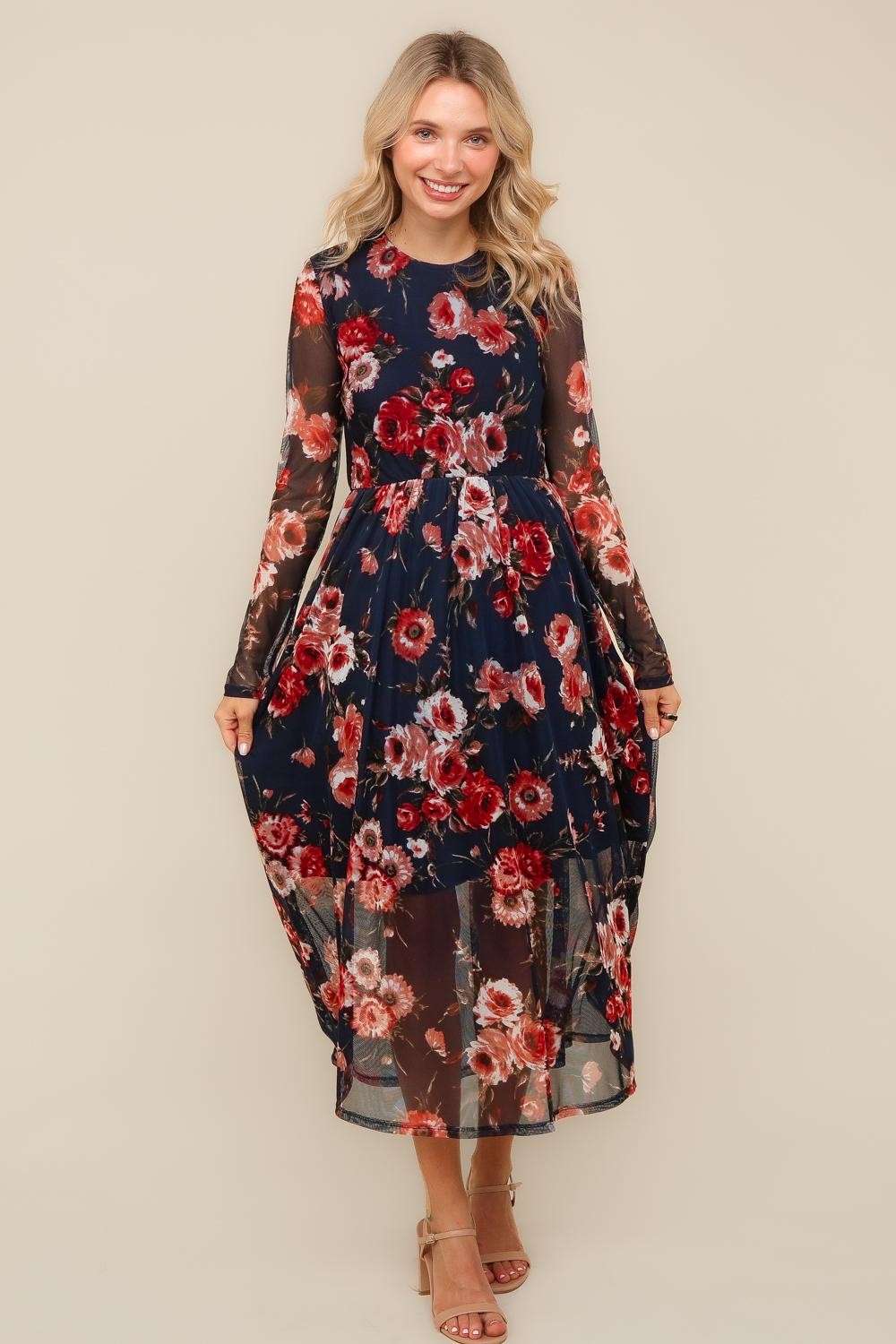 Haptics Navy Floral Mesh Midi Dress