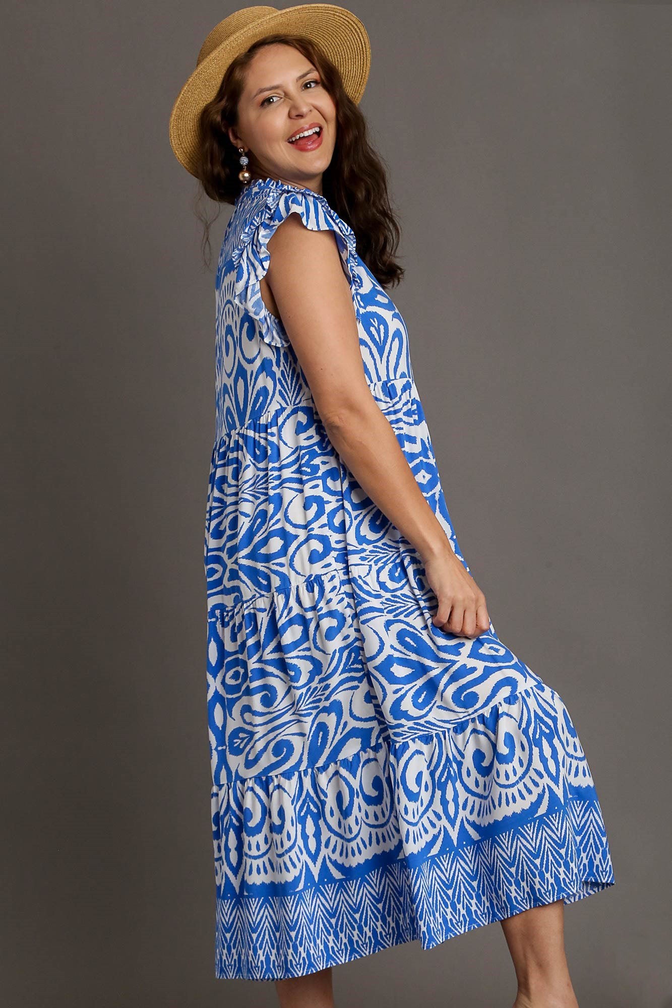 Umgee Blue Two Tone Border Print Ruffle Cap Sleeve Midi Dress