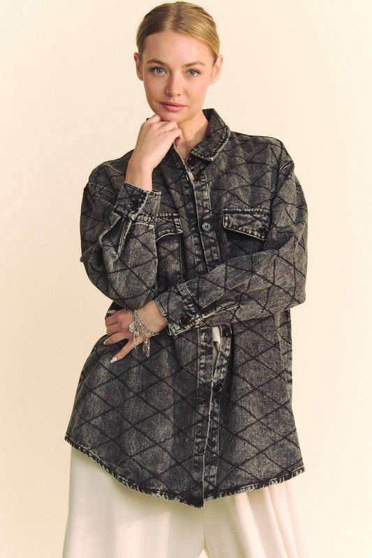 Davi & Dani Black Curved Hem Diamond Quilted Button Up Denim Shacket Shirts & Tops
