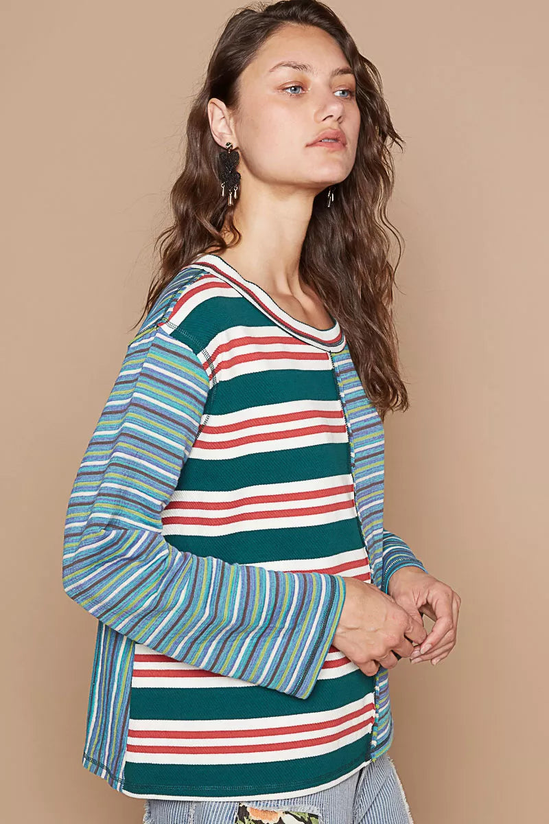POL Green Multi Color Block Striped Round Neck Long Sleeve T-Shirt