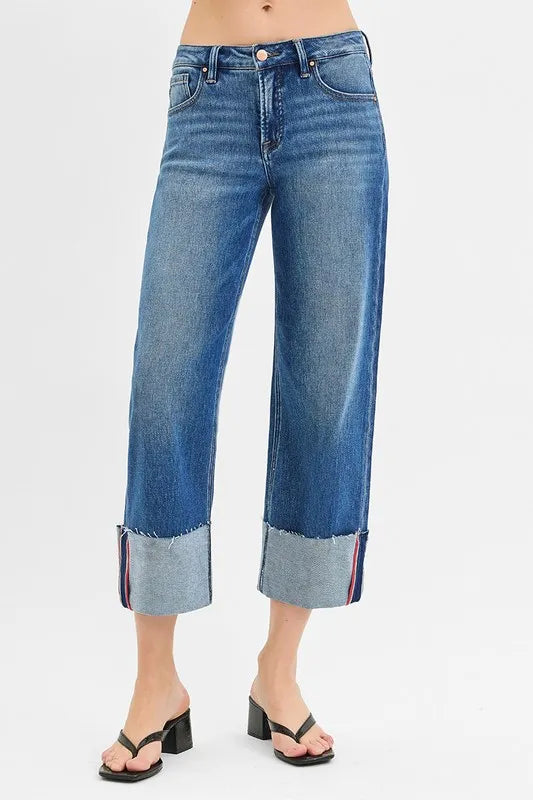 RISEN Tummy Control Mid Rise Crop Wide Cuffed Jeans