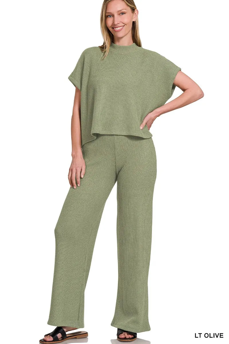 Zenana Light Olive Sweater Boxy Top & Long Pants Set LT OLIVE