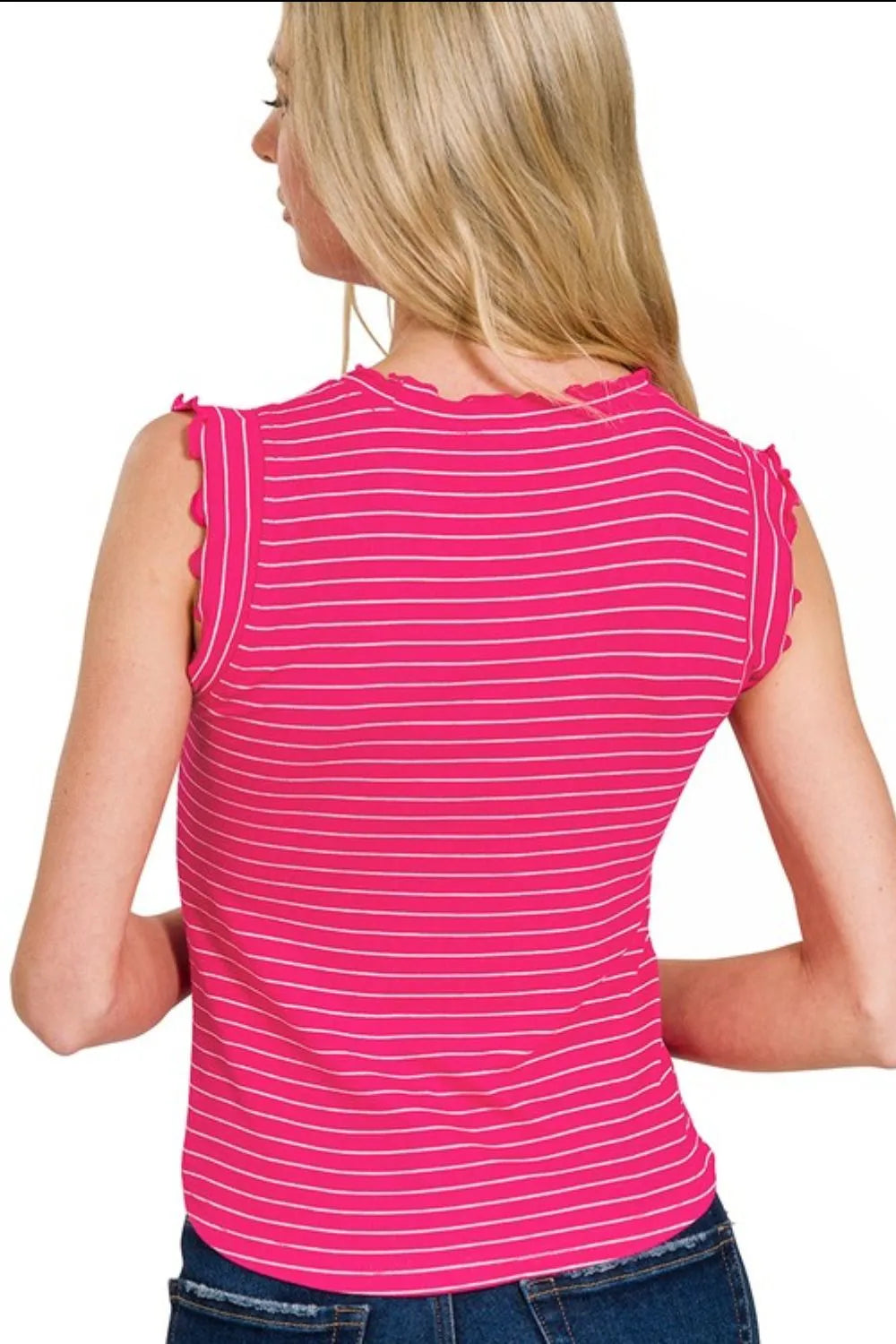 Zenana Hot Pink & White Ribbed Ruffle Trim Sleeveless Stripe Top