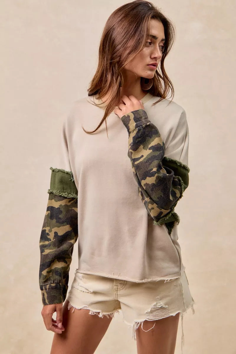 BiBi Taupe & Olive Camo Sleeve French Terry Top with Frayed Edge