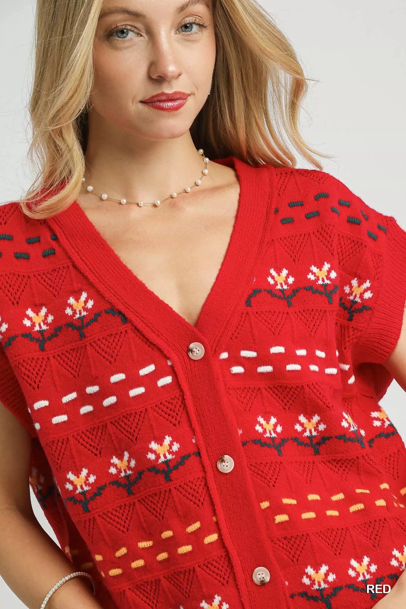 Umgee Red Button-Down Knit Vest with Floral Pattern