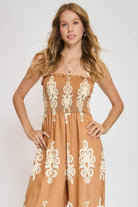 Umgee Mocha Smocked Printed Wide Leg Jumpsuit