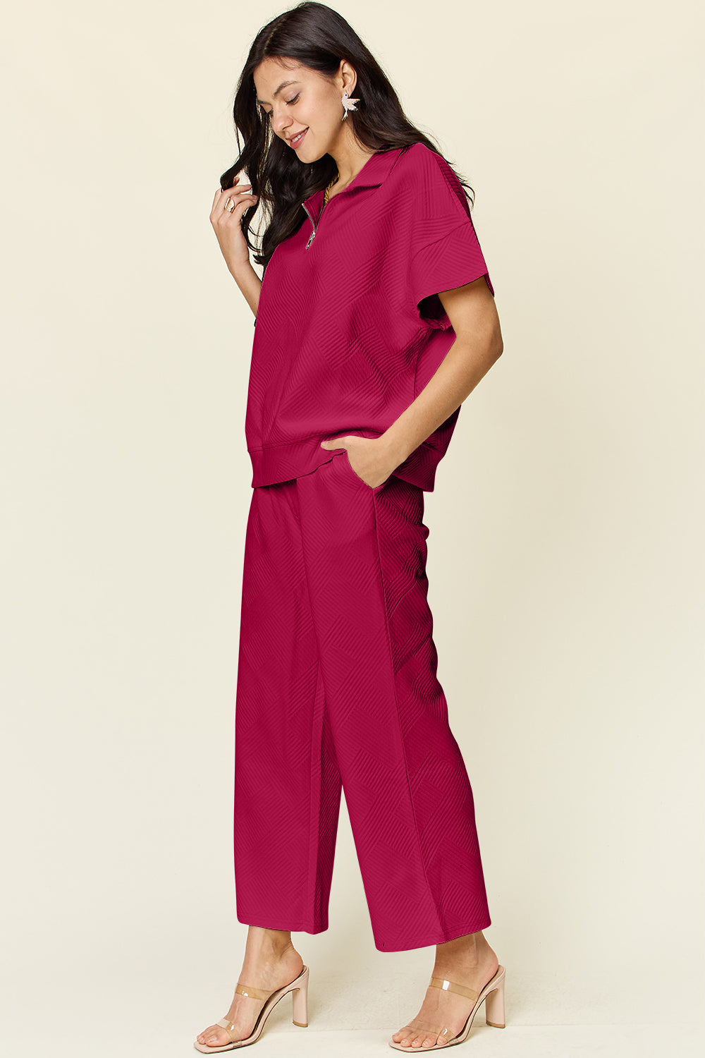 Double Take Quilted Textured Half Zip Short Sleeve Top and Pants Set Sets