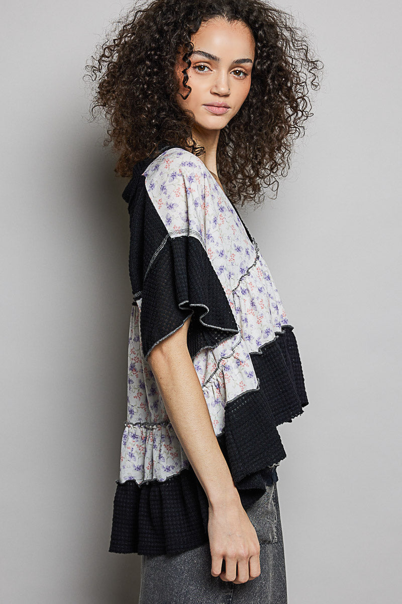 POL Black Floral Print V-Neck Woven Blouse with Gentle Gathers