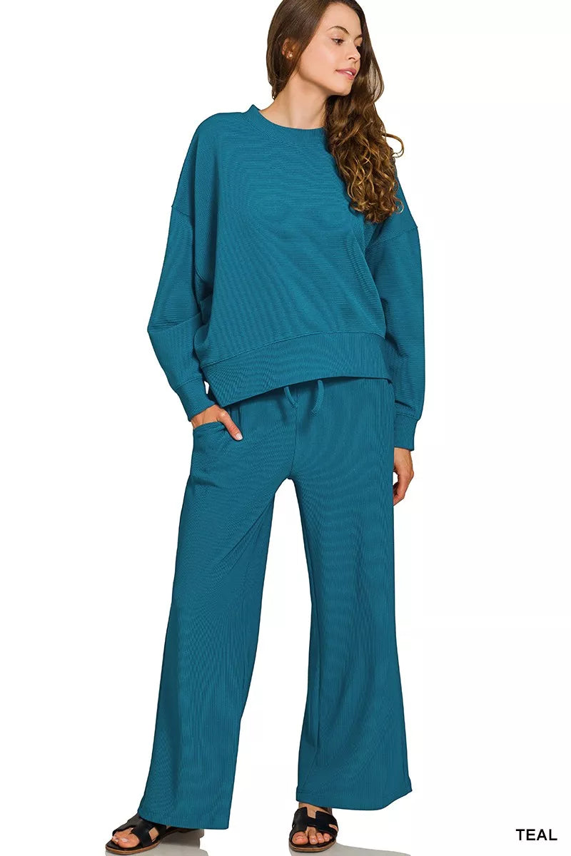 Zenana Teal Ribbed Round Neck Pullover and Drawstring Pants Set