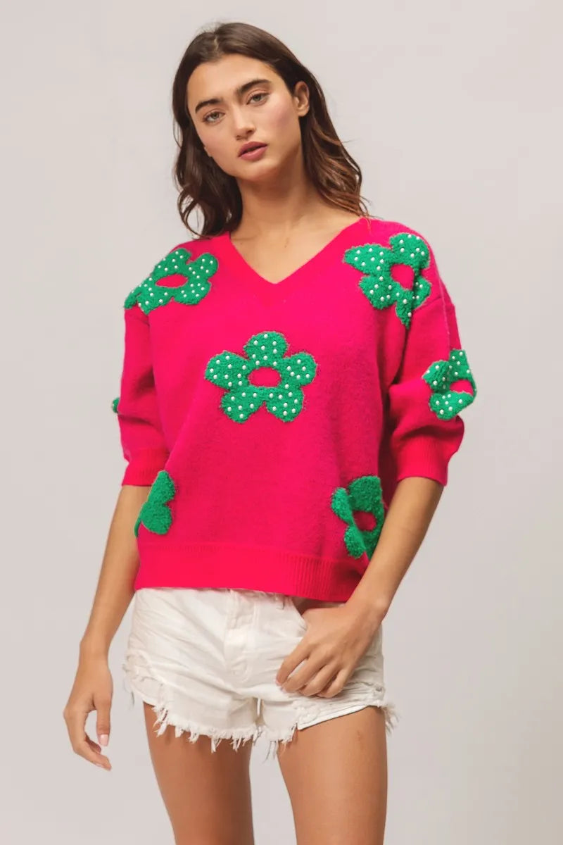 BiBi Fuchsia & Jade Pearl Beads Flowers Sweater Top