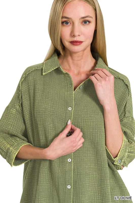 Zenana Light Olive Washed Double Gauze Button Down Shirt Dress