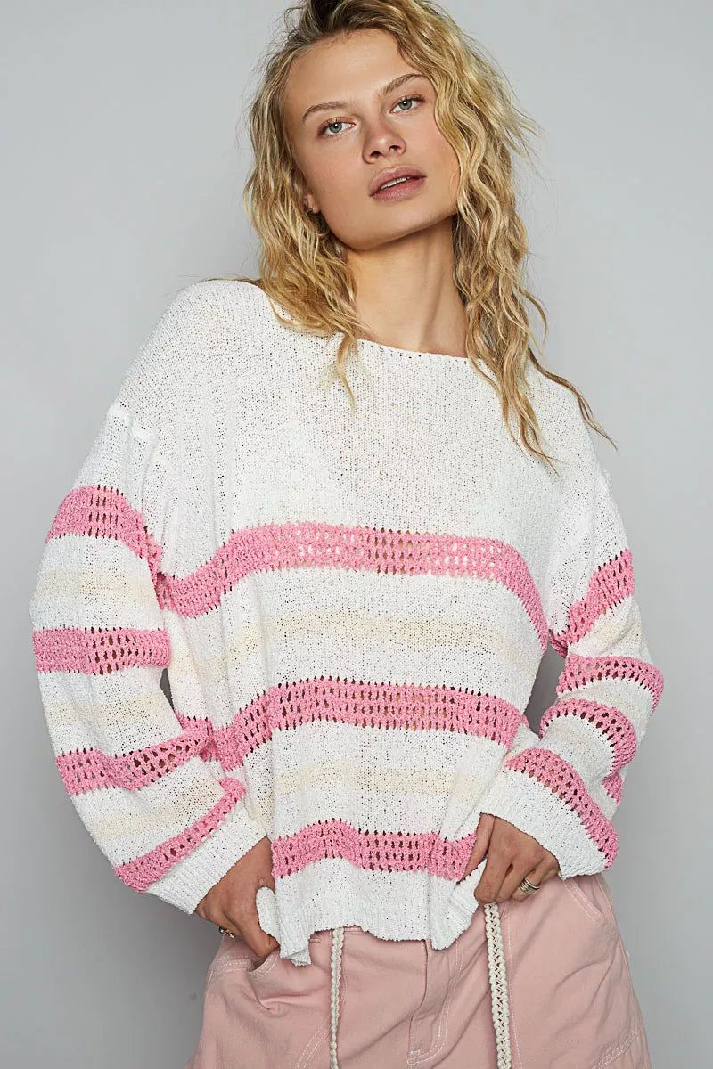 POL Ivory & Pink Striped Openwork Round Neck Knit Top