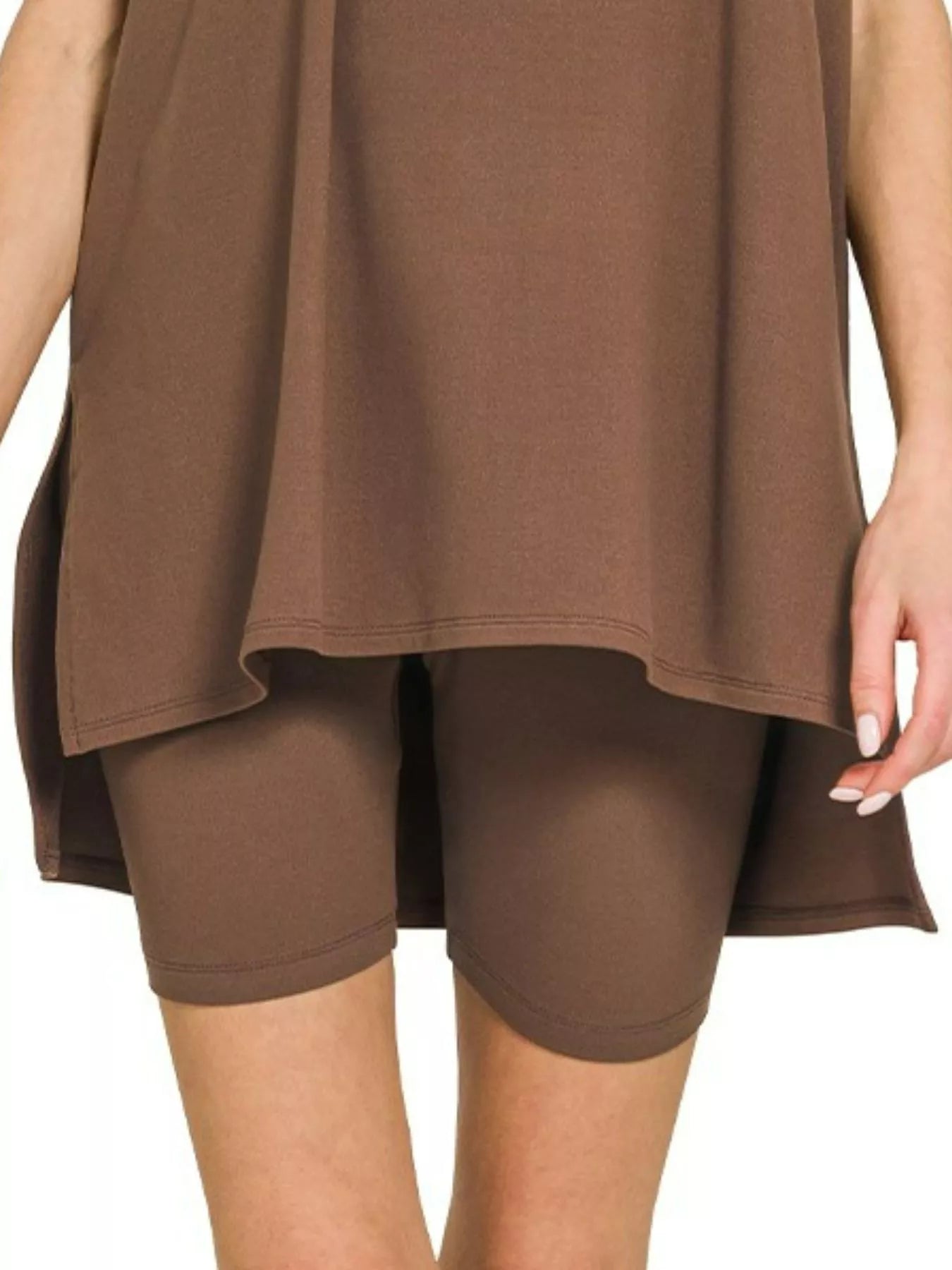 Zenana Brown Brushed Dty Microfiber Round Neck Top and Biker Shorts Set