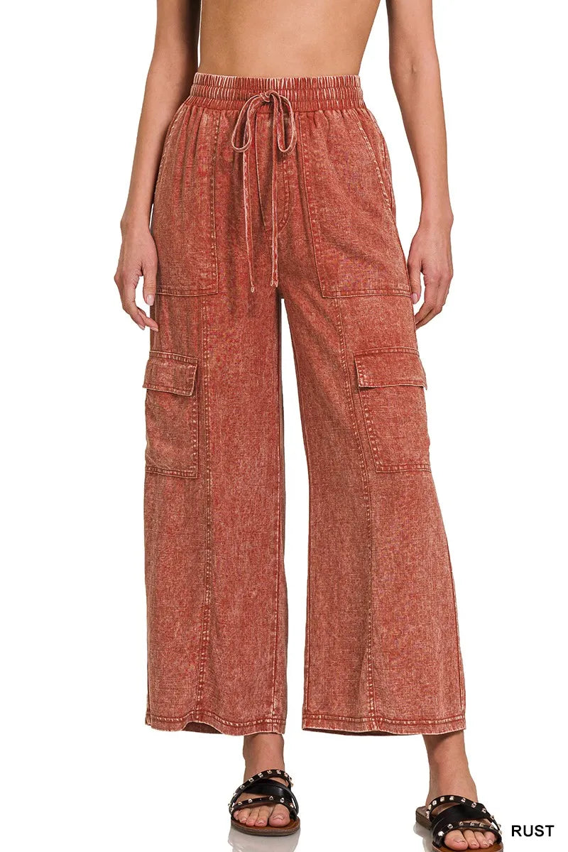 Zenana Rust Washed Linen Elastic Band Waist Cargo Pants RUST