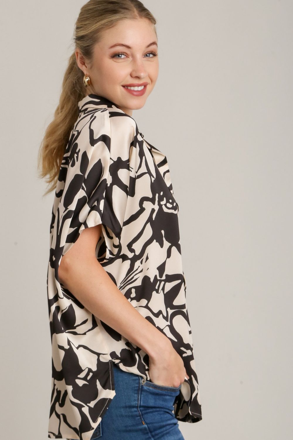 Umgee Two Tone Print Button Down Top with Hidden Plackets