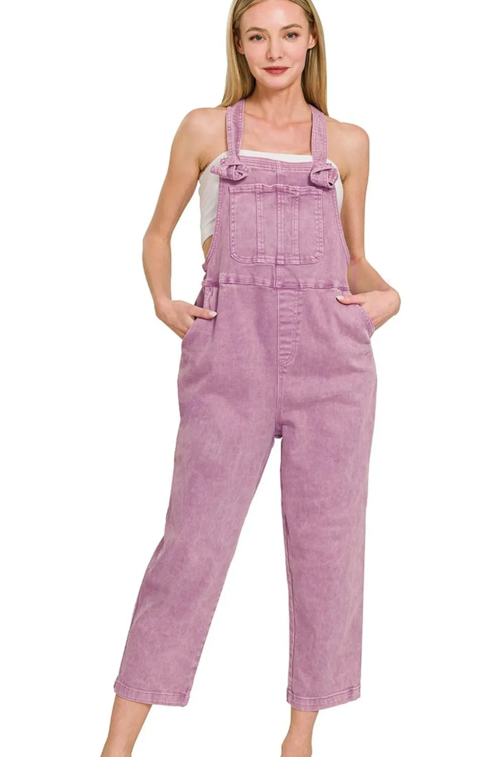 Zenana Bight Mauve Washed Knot Strap Relaxed Fit Overalls B VIOLET