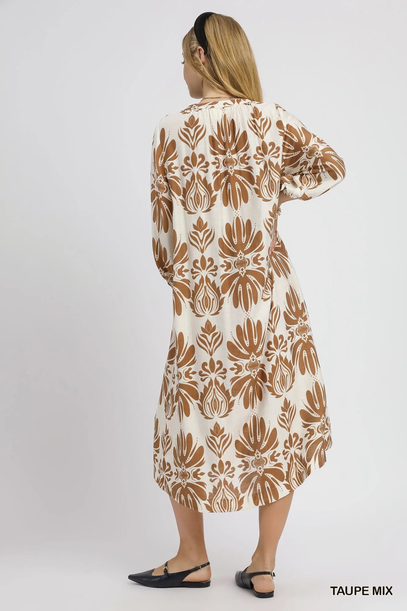 Umgee Taupe Mix Abstract Floral Print Midi Dress