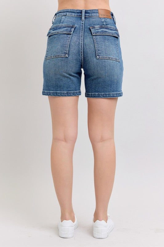 Judy Blue Medium Washed High Rise Utility Mid Length Denim Shorts