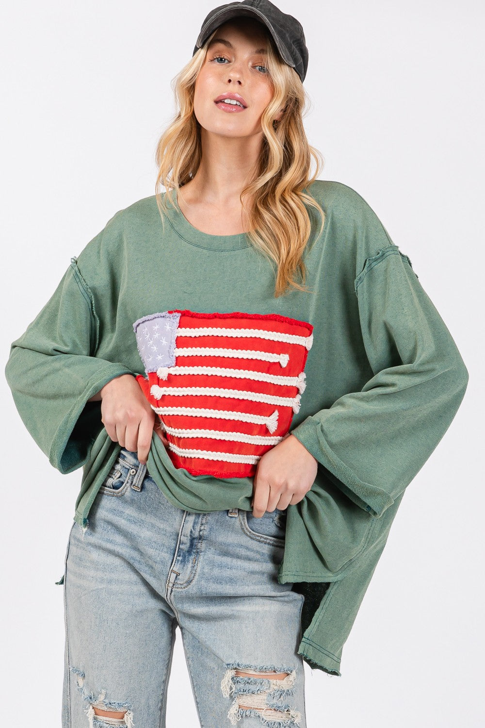 SAGE + FIG Teal American Flag Patch Drop Shoulder T-Shirt Shirts & Tops