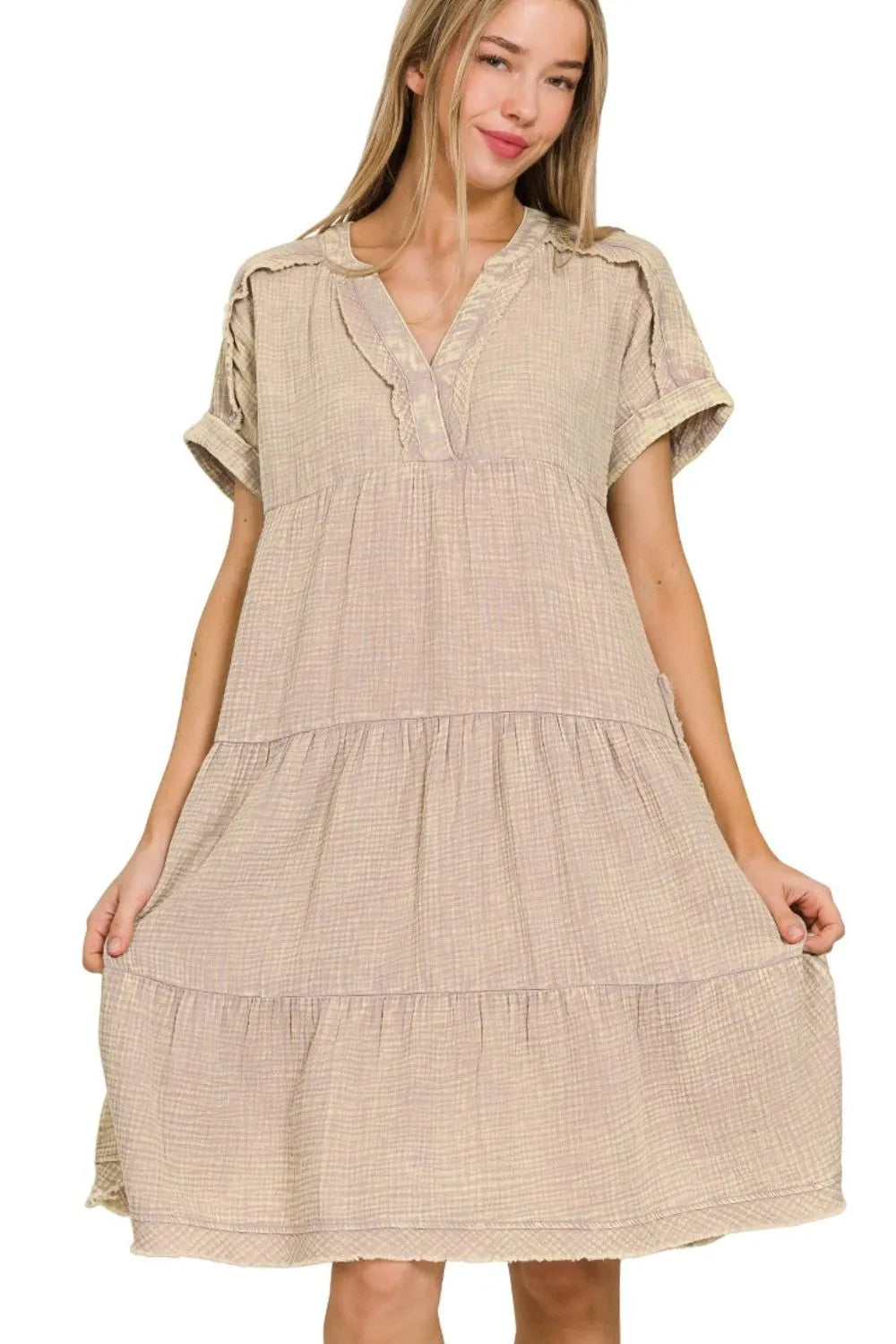 Zenana Washed Double Gauze Raw Edge Notched Dress ASH MOCHA