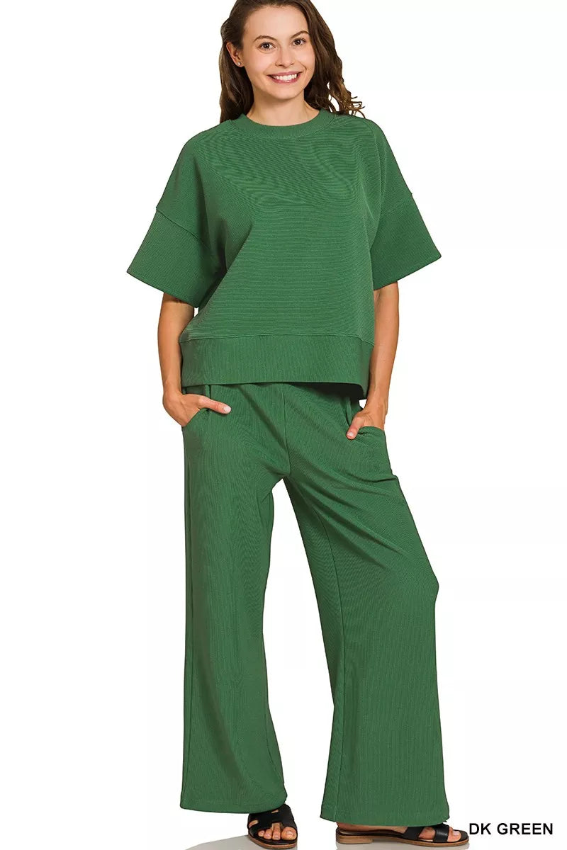 Zenana Dark Green Ribbed Round Neck Short Sleeve Tee & Pants Set