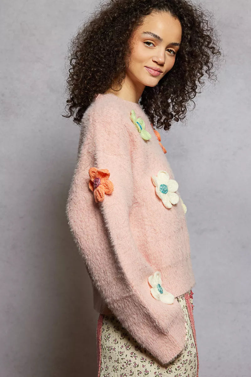 POL Pink Round Neck Long Sleeve Sweater with 3D Floral Patch Detail