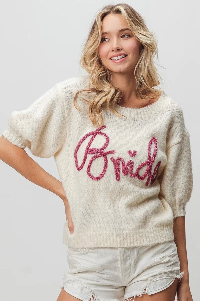 BiBi Ivory Bride Metallic Letter Short Puff Sleeve Hairy Sweater