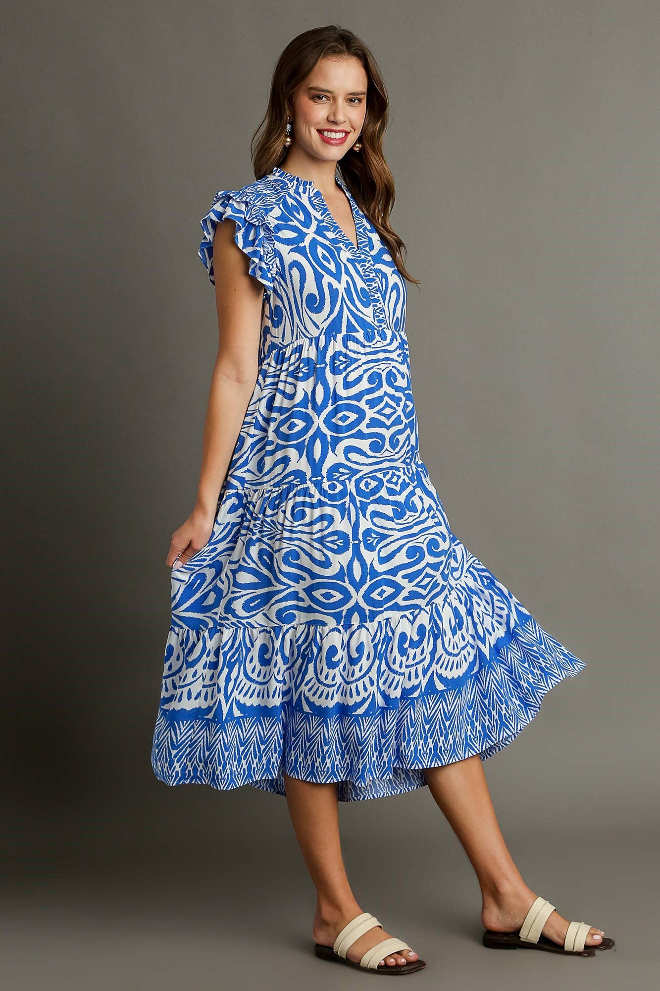 Umgee Blue Two Tone Border Print Ruffle Cap Sleeve Midi Dress