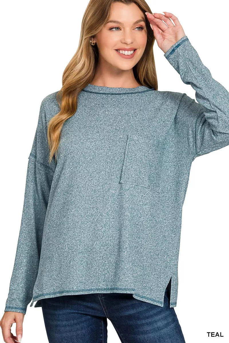 Zenana Teal Soft Melange Hacci Round-Neck Long Sleeve T-Shirt