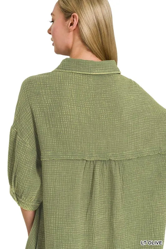 Zenana Light Olive Washed Double Gauze Button Down Shirt Dress
