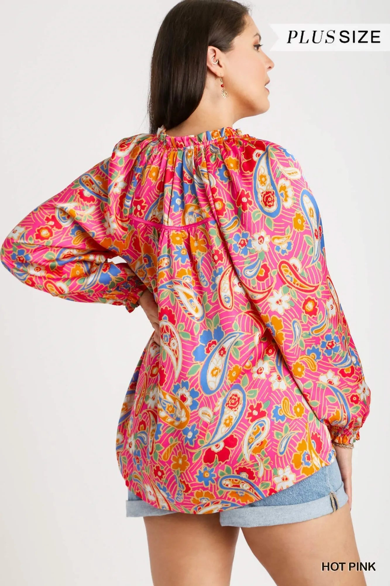 Umgee Hot Pink Satin Paisley FloralRuffle Neck Button-Up Blouse
