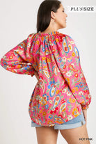 Umgee Hot Pink Satin Paisley FloralRuffle Neck Button-Up Blouse