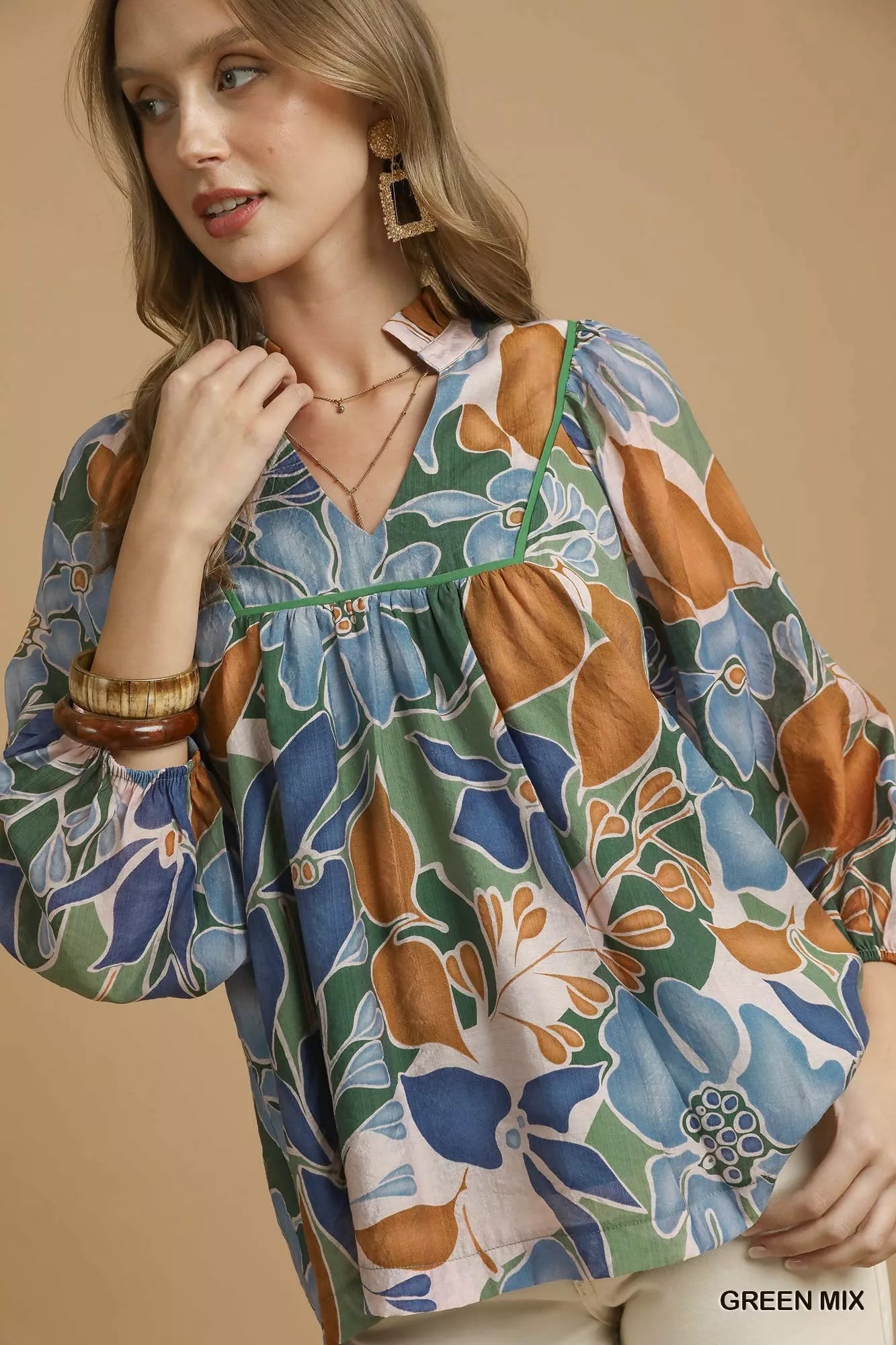 Umgee Green Mix Multicolor Abstract Floral Print Blouse with Ruffle Neck