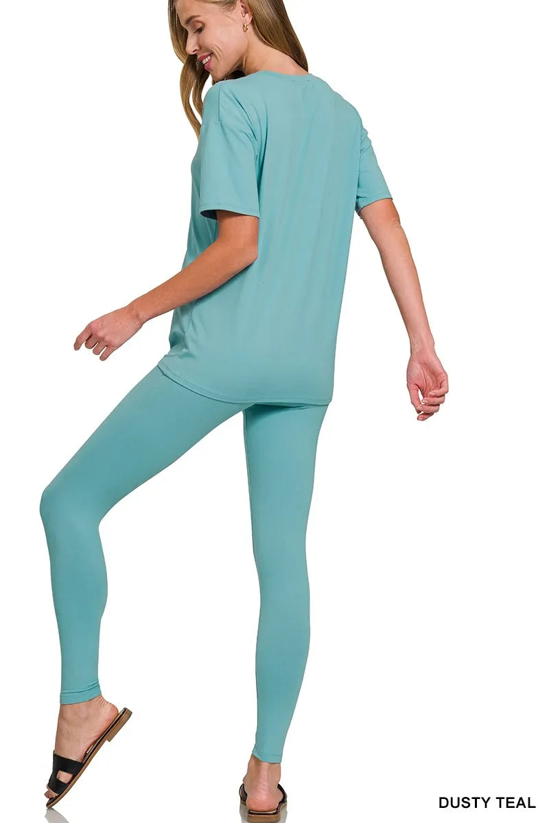Zenana Dusty Teal Brushed Dty Microfiber Short Sleeve Top and Pants Loungewear Set