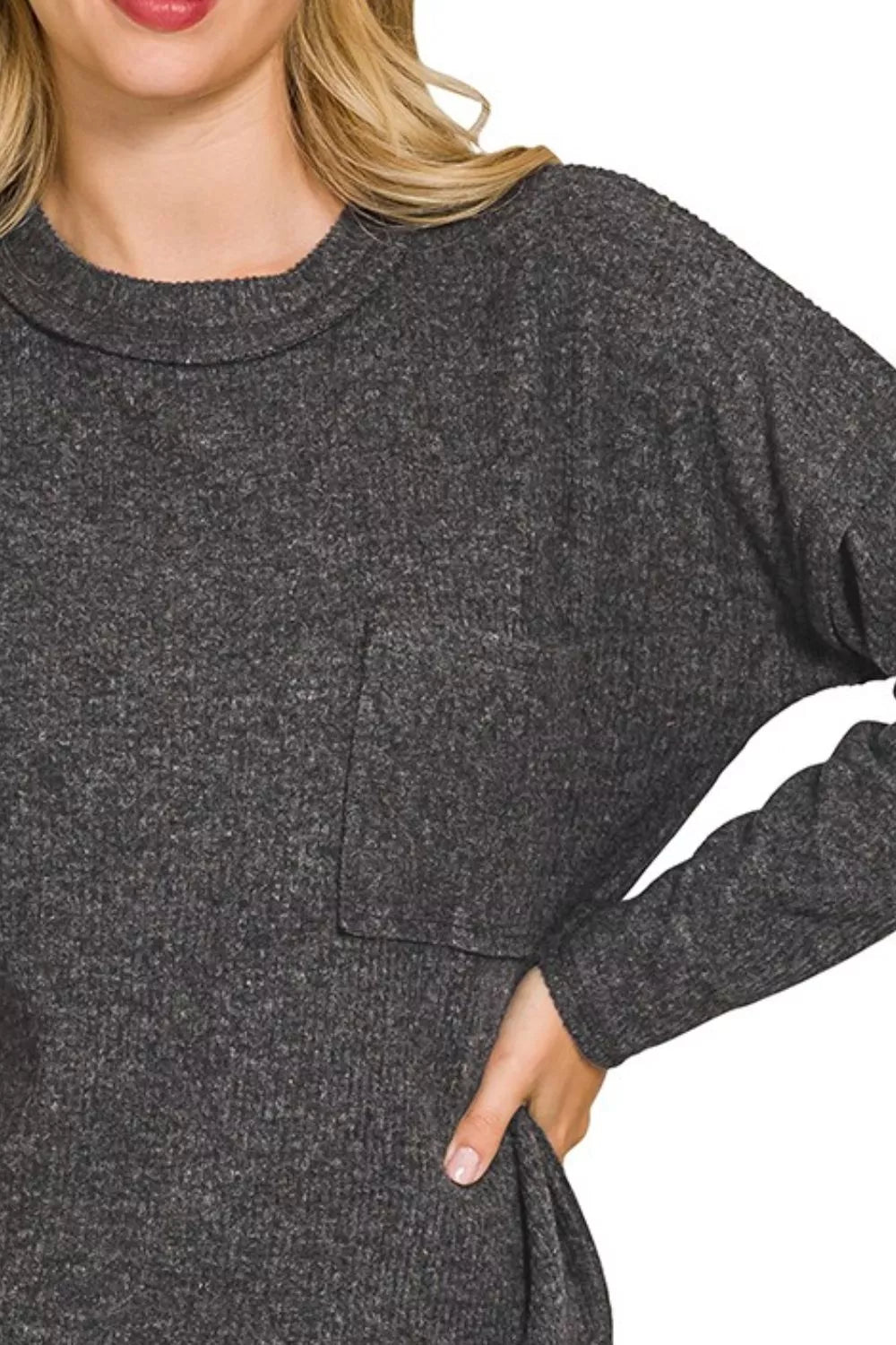 Zenana Black Ribbed Brushed Melange Hacci Sweater with Chest Pocket