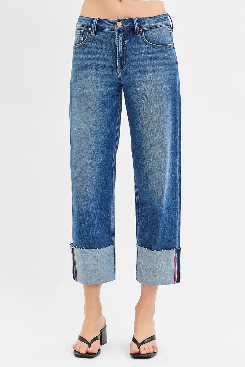RISEN Tummy Control Mid Rise Crop Wide Cuffed Jeans