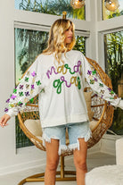 BiBi Off White Fleur De Lis Sleeve Mardi Gras Pullover