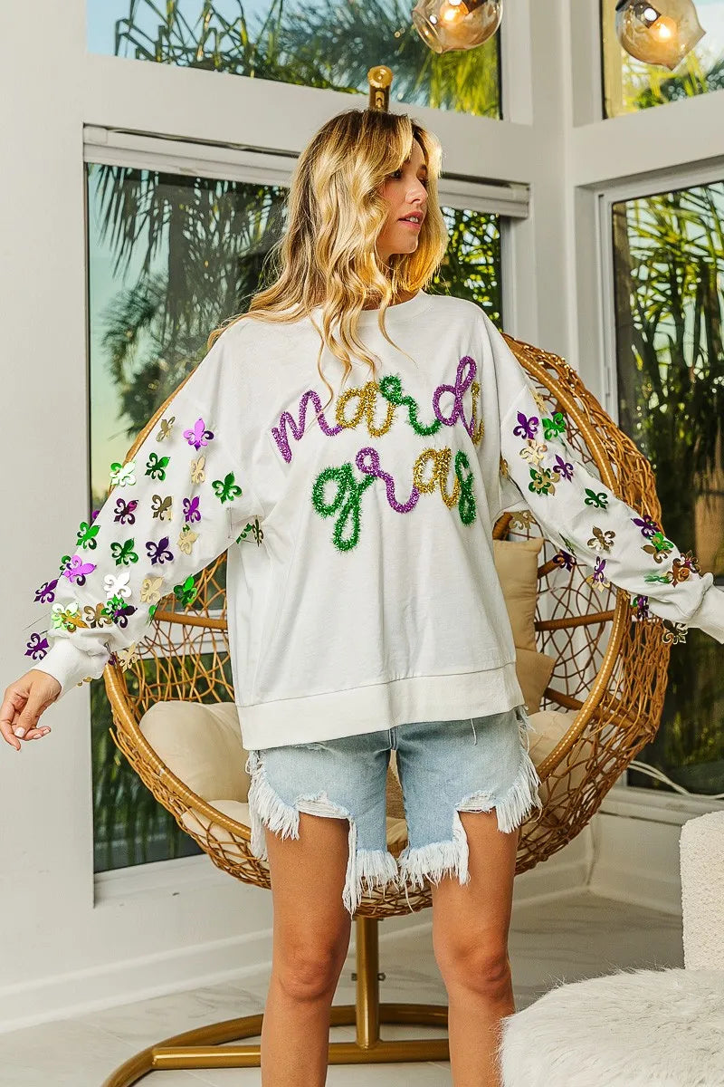 BiBi Off White Fleur De Lis Sleeve Mardi Gras Pullover