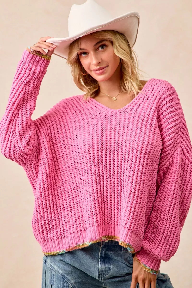 BiB Pink V-Neck Sweater with Colorful Trim