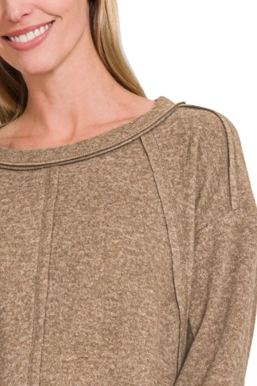 Zenana Mocha Brushed Hacci Exposed Seam Hi Low Sweater