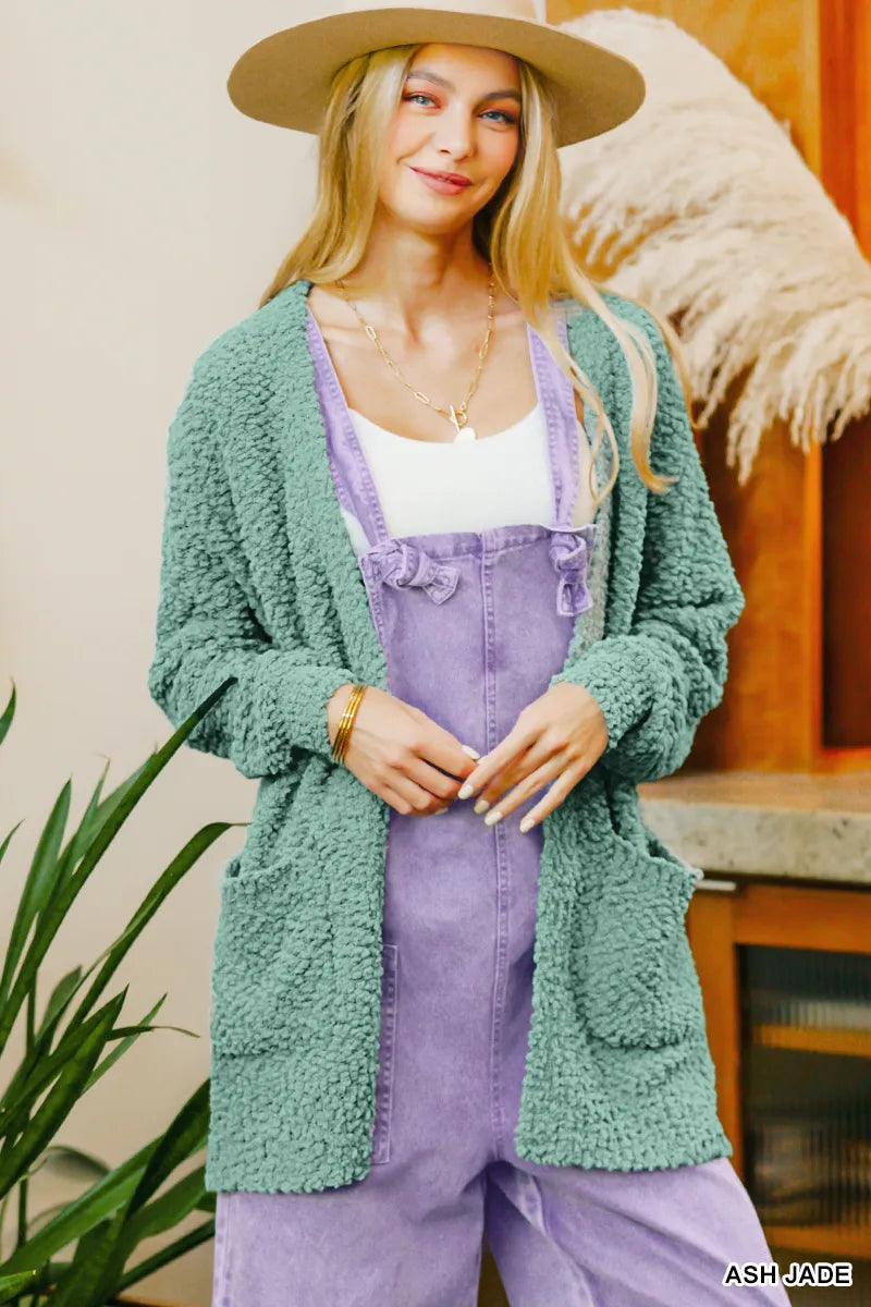 Zenana Ash Jade Long Sleeve Popcorn Sweater Cardigan with Pockets