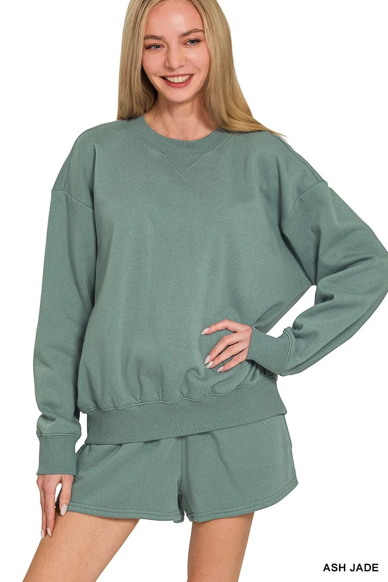 Zenana Ash Jade Fleece Long Sleeve Sweatshirts & Shorts Set