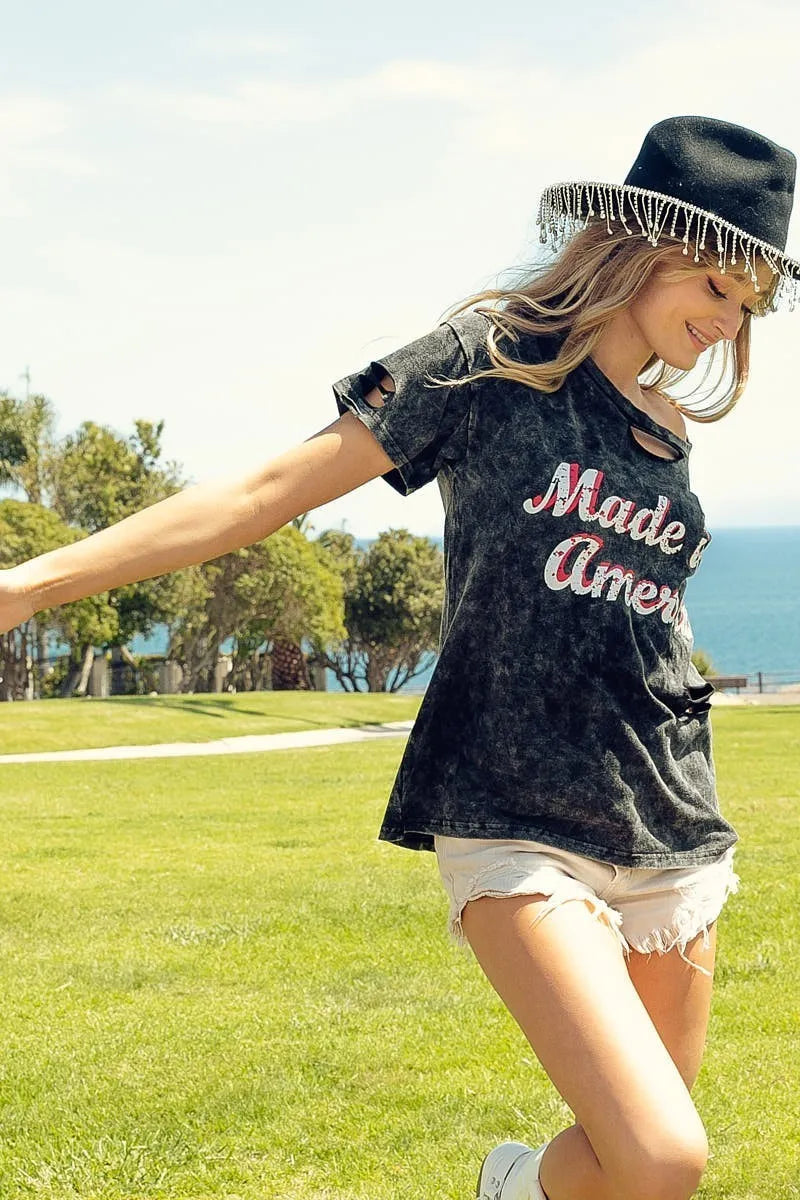 BiBi Laser Cut Mineral Washed Made in America Print Top
