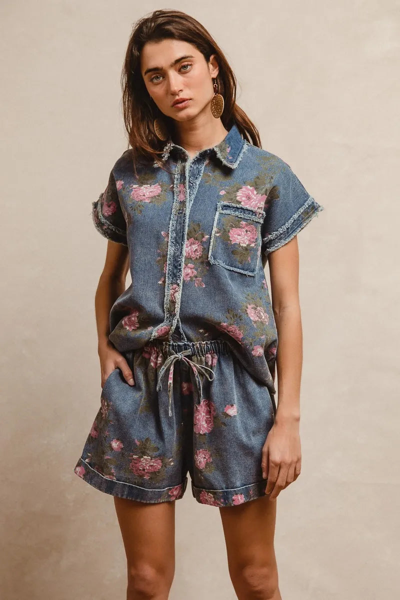 BiBi Floral Printed Denim Short With Pockets