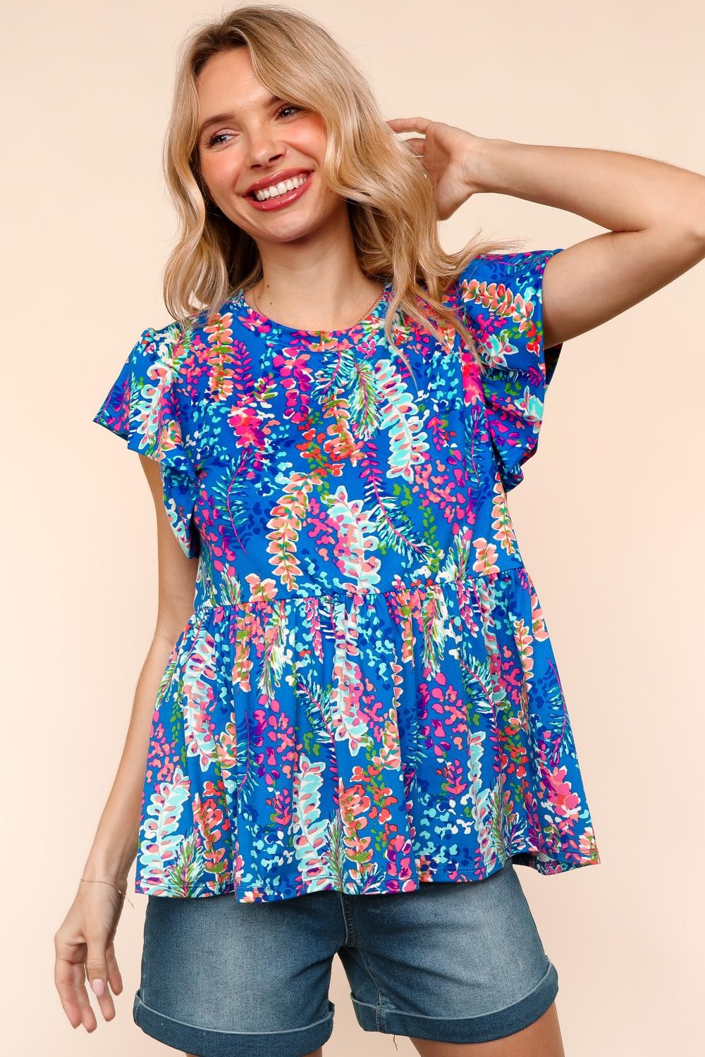 Haptics Blue Floral Babydoll Butter Smooth Knit Top