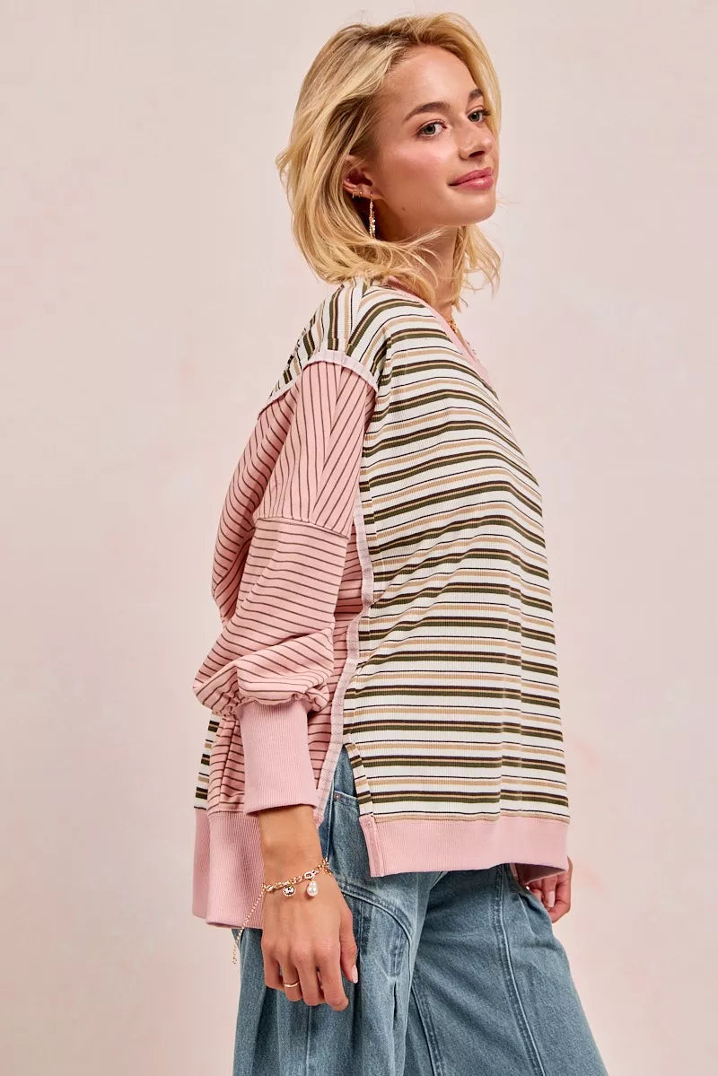 BiBi Oatmeal & Pink Stripe Mixed Top With Cut Edge And Reverse Outseams