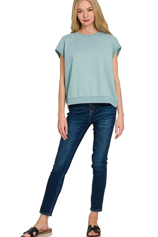 Zenana Blue Gray French Terry Round Neck Cap Sleeve T-Shirt