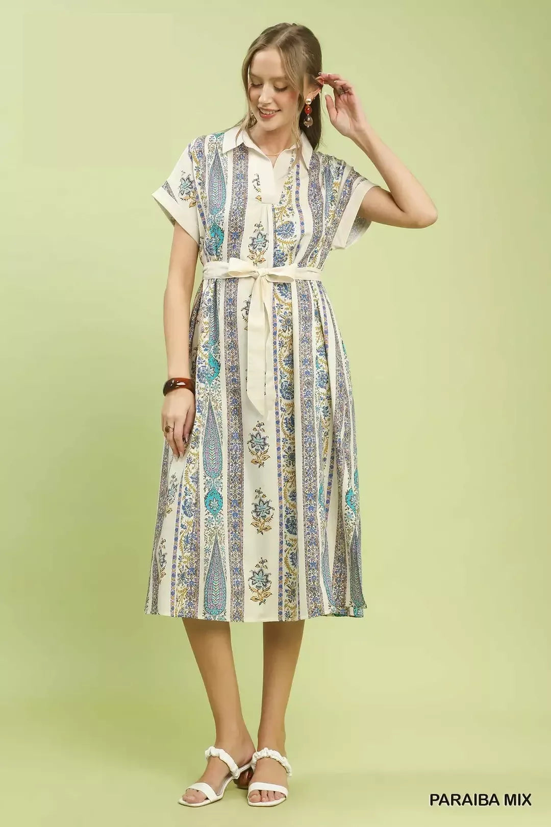 Umgee Vertical Print Tie Waist Midi Dress PARAIBA MIX